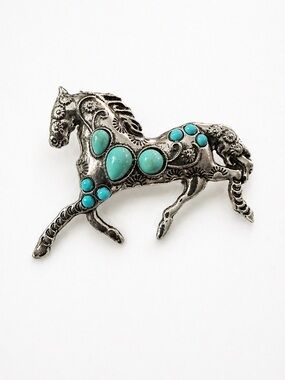 Vintage Style Silver Tone Horse Brooch Turquoise Cabochon Western Equestrian Pin